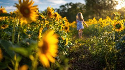 A little girl enjoys a walk through a vibrant field of sunflowers on a sunny day.