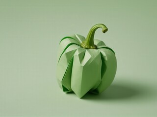  An artistic representation of a bell pepper crafted in origami against a soft green backdrop