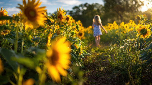 A little girl enjoys a walk through a vibrant field of sunflowers on a sunny day. - Powered by Adobe