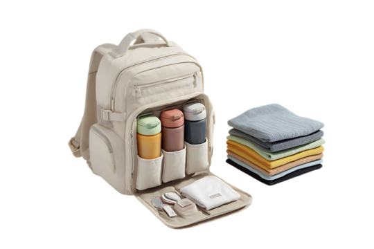 Beige backpack with multiple pockets and compartments, perfect for travel.
