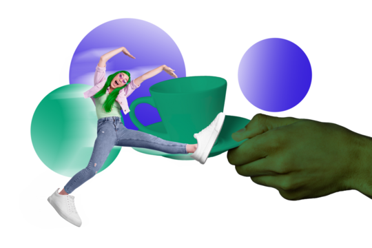 Creative template graphics collage image of funky lady enjoying coffee time isolated colorful background