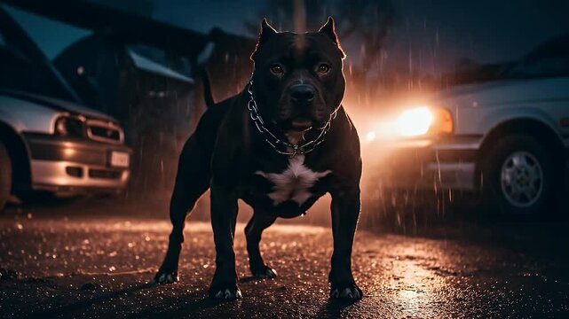 Powerful Black Pitbull Guarding Wet Urban Street at Night Under Car Headlights Creating an Intimidating Atmosphere