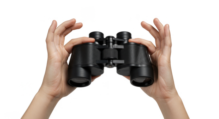 Hands Holding Black Binoculars Isolated View Tool Equipment Optics