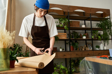 Fototapeta premium Handsome young man carefully preparing plant pots in a bright studio filled with greenery