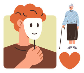 Person holding a happy mask, elderly woman with cane, red heart nearby. Ideal for aging, empathy, identity, roles in society, caregiving personal growth human connection. Simple flat metaphor