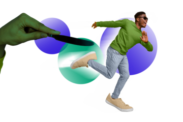 Creative graphics collage image of funny funky guy running away arm holding knife isolated colorful background