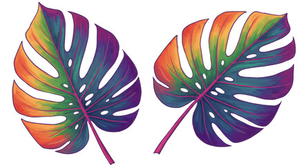 Illustration of Rainbow Monstera Leaves Exotic Tropical Transparent