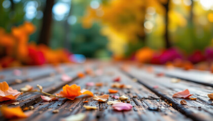 Autumn leaves scattered on wooden pathway create warm and inviting atmosphere, surrounded by vibrant colors of fall foliage. blurred background enhances serene beauty of nature