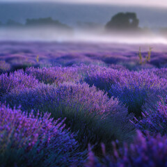 Obraz premium Morning mist over blue lavender fields with soft natural light