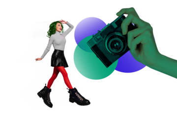 Collage artwork graphics picture of excited lady running tacking photos isolated painting background