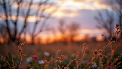 Beautiful sunset scene featuring wildflowers in foreground, with blurred trees and colorful sky in background. warm hues create serene and peaceful atmosphere