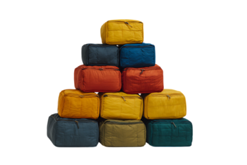 Colorful quilted storage cubes stacked in a pyramid.