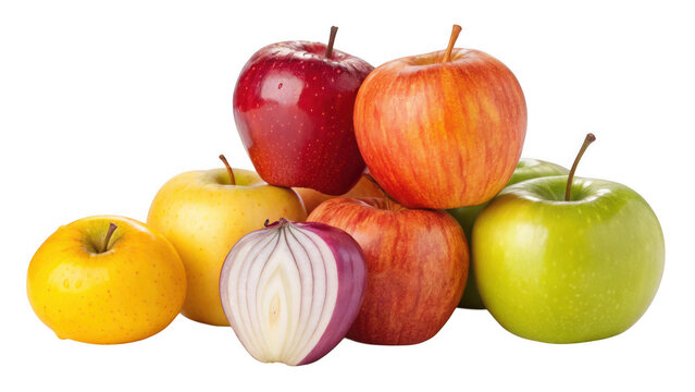 Assortment of fresh red yellow and green apples with a halved red onion isolated on transparent background