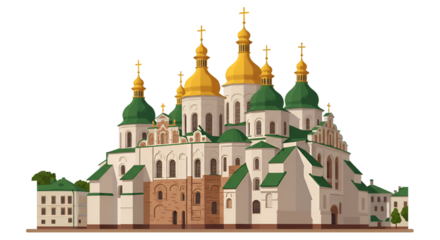 Illustration of Saint Sophia Cathedral with Gold Domes on Transparent