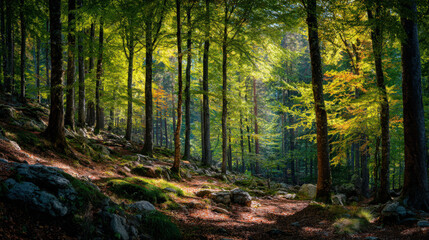 Obraz premium Discover the beauty of an autumn forest path, bathed in warm sunlight.