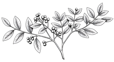 Illustration Branch with Berries and Foliage Decorative White on Black