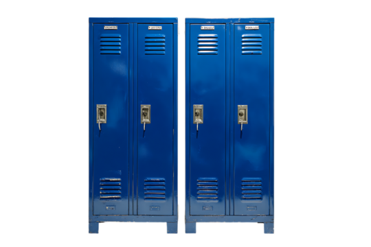 Two blue metal lockers stand side by side.