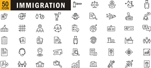 Immigration editable outline icon set. Passport, visa, travel, flight, border, document and more.

