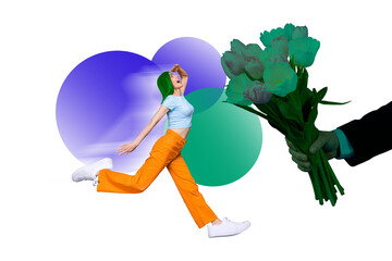 Exclusive photo cadre collage 3d magazine of running funky young attractive woman searching her...