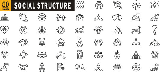 Social structure editable outline icon set. Community, teamwork, connection, equality, relationship and more.