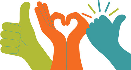 Obraz premium Colorful Hands Forming Heart, Thumbs Up, and Pinky Promise Gestures