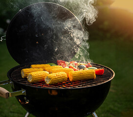 Grilled corn cobs and vegetables with delicious smoky flavor, summer picnics and healthy eating. Perfect for cooking, barbecue, fresh produce, outdoor recreation and family gatherings.