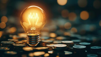 Creative business concept with light bulb and money coins on dark background