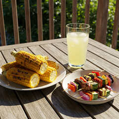 Grilled corn cobs and vegetable kebabs on wooden table in the sunlight, next to cool drink. Summer barbecue, healthy eating, outdoor recreation and family picnics.