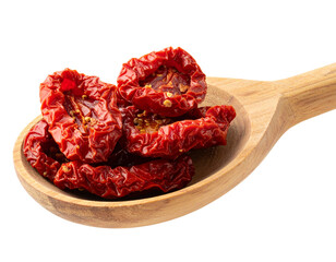 Dried Tomatoes on Rustic Wooden Spoon, Side View with Shadow, isolated