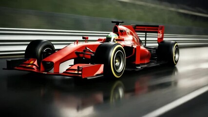 Dynamic video of a red Formula 1 car racing on a wet track, captured from a low-angle, emphasizing speed and motion in a sleek, modern style. Live desktop wallpaper. - Powered by Adobe