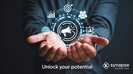 Hands holding digital marketing icons representing growth and strategy