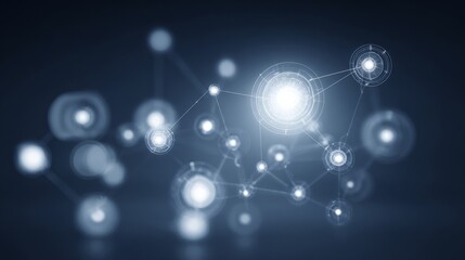 Obraz premium Abstract digital network with interconnected glowing circles on gradient blue background, featuring central focal point surrounded by concentric rings and thin white lines.