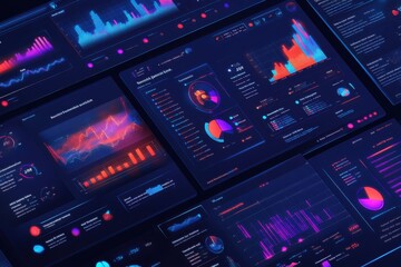 Obraz premium Computer monitor displays a number of graphs and charts. Interactive holographic business data charts and graphs on dark background.