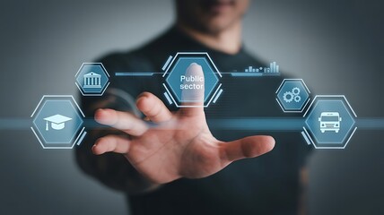 Person interacting with a futuristic public sector services interface