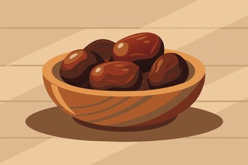Bowl of dates on a wooden table in a simple illustration style