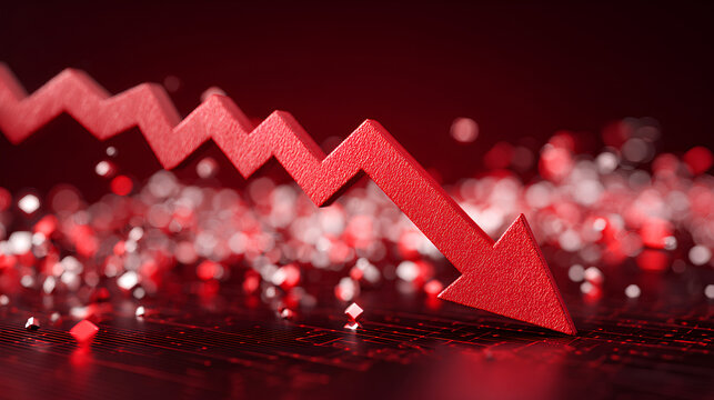 Down fall trend red arrow graph, Red arrow chart graph in downward direction, concept of stock market fall, financial loss. Stock Illustration