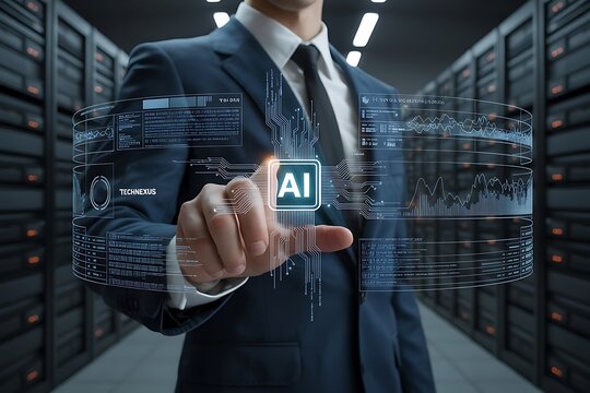 Businessman interacts with advanced ai interface in a server room