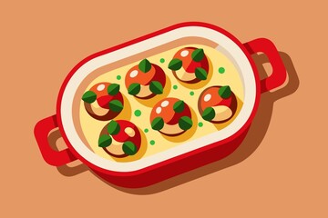 Vector Illustration of Baked Meatballs with Tomato Sauce and Basil