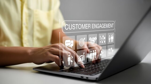 Person using laptop to manage customer engagement with digital icons