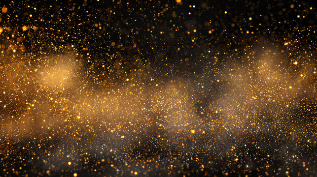dust particles with glowing flare, sparkle shimmer and glitter dust cloud on, abstract golden light effect with bokeh rays and festive dust texture for design. - Powered by Adobe