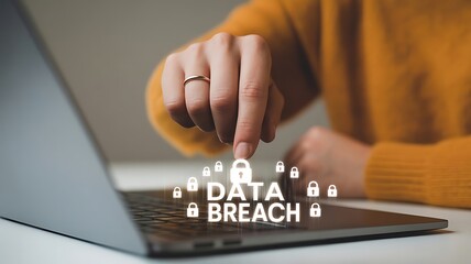 Person interacting with a digital interface showing data breach and security locks