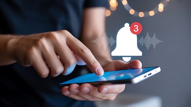 Person interacting with smartphone notification bell icon showing unread alerts