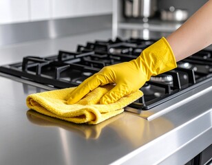 A person wearing yellow rubber gloves cleans a stainless steel stovetop with a yellow microfiber cloth.