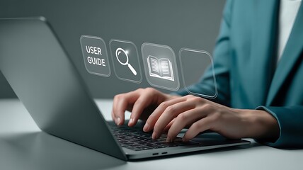 Person using a laptop to access user guide and search information online