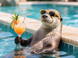 Relaxed Otter in Pool Holding Cocktail with Fruit Garnish