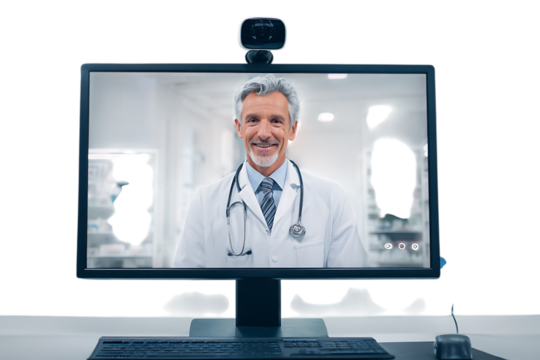 Smiling doctor on telehealth video call.