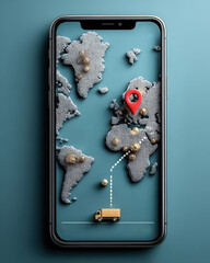 Smartphone with a global map and delivery route, showing location and transportation