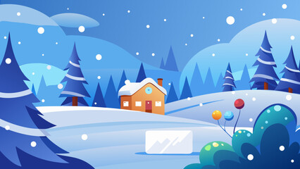 Naklejka premium Cozy winter scene with snow falling on a small house and pine trees