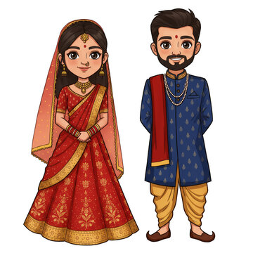 Illustration Of Indian Wedding Couple Red Sari Traditional Cartoon