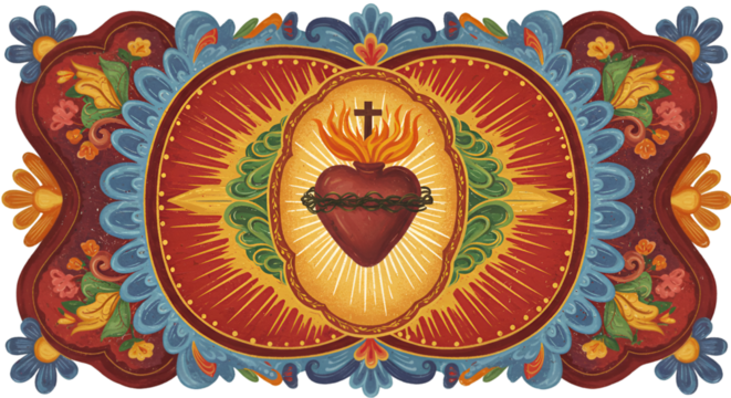 Illustration of Ornate Sacred Heart with Flame in Transparent Background